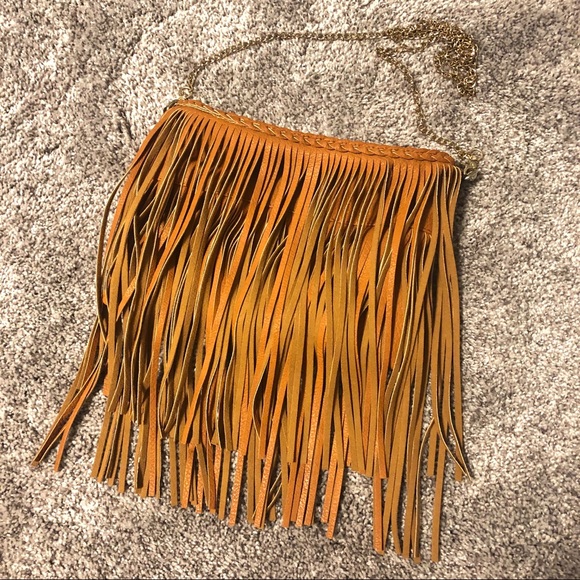 Handbags - Fringe Faux Leather Messenger Bag with Clasp Chain